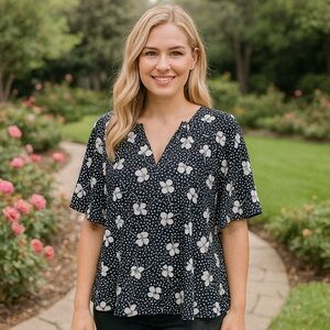 CAbi Printed Essential Top Black and White Ditsy Floral Career Chic Feminine L